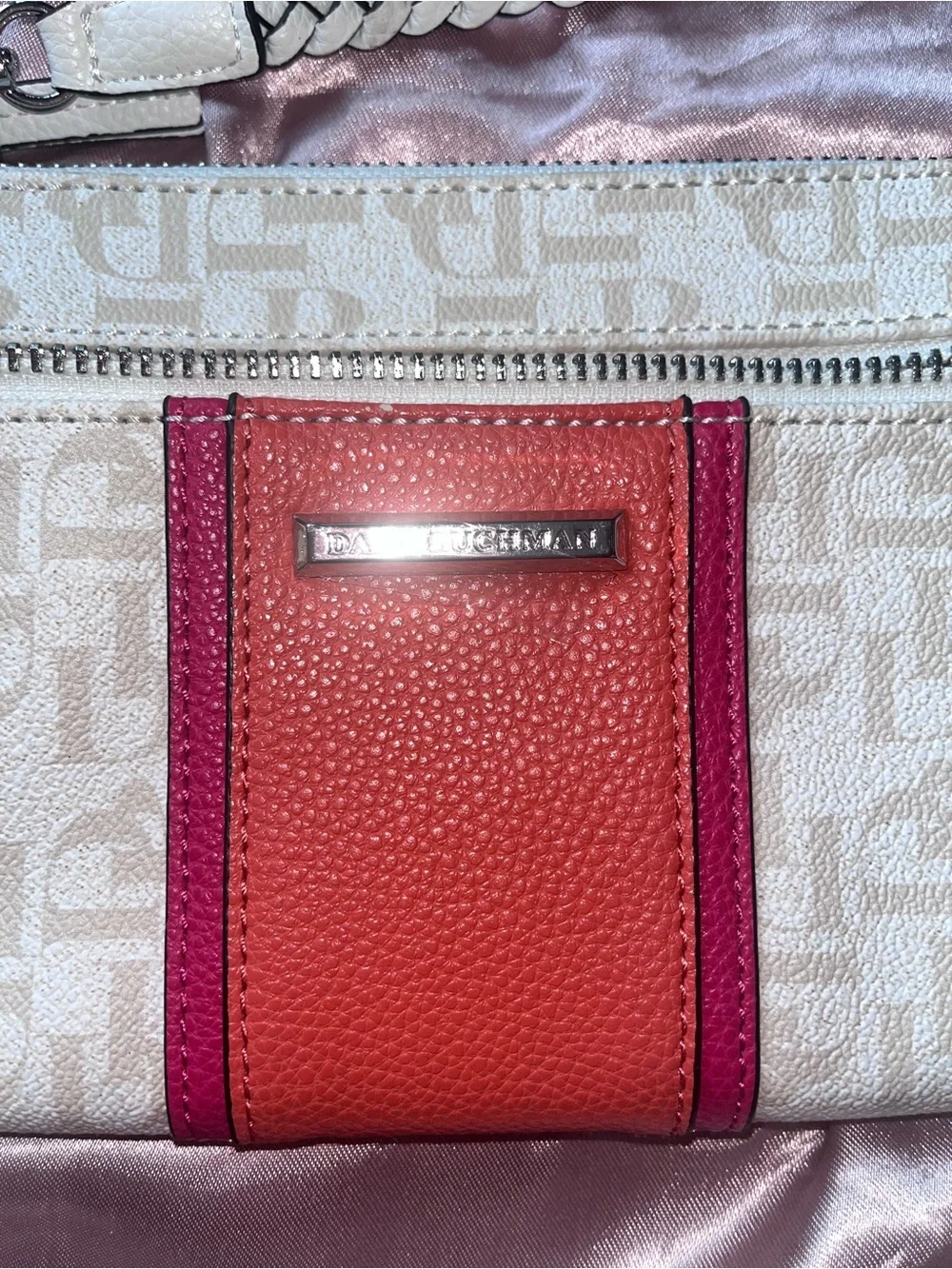 Dana Buchman Cream and Coral Wristlet with Braided Strap